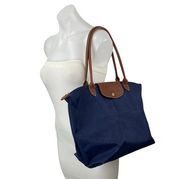 Longchamp Le Pliage Navy Blue Nylon Brown Leather Strap Tote Bag Handbag OS - Picture 2 of 7